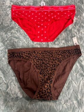 PINK Victoria's Secret Red Heart Hipster + Brown Leopard Bikini Set